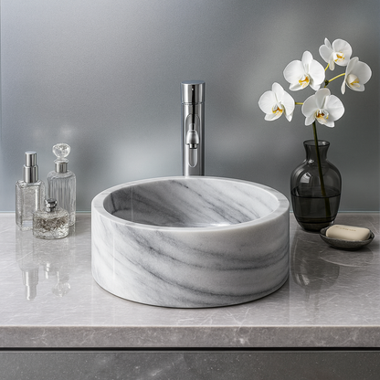 Marble Sink – Grey Stone Vessel Sink for Bathroom | Round Natural Marble Basin 16.5"x16.5"x6"