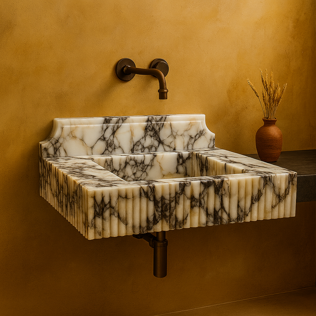 Marble Sink – Calacatta Viola Stone Bathroom Sink | Luxury Fluted Wall-Mount Basin