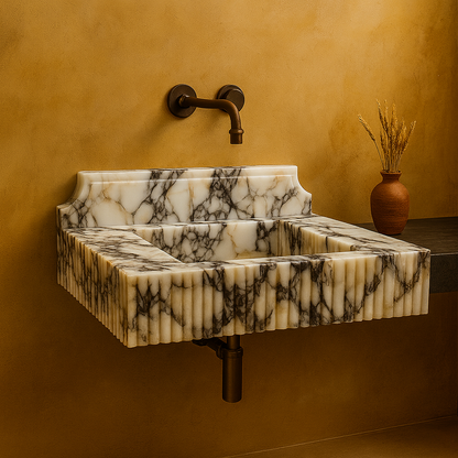 Marble Sink – Calacatta Viola Stone Bathroom Sink | Luxury Fluted Wall-Mount Basin