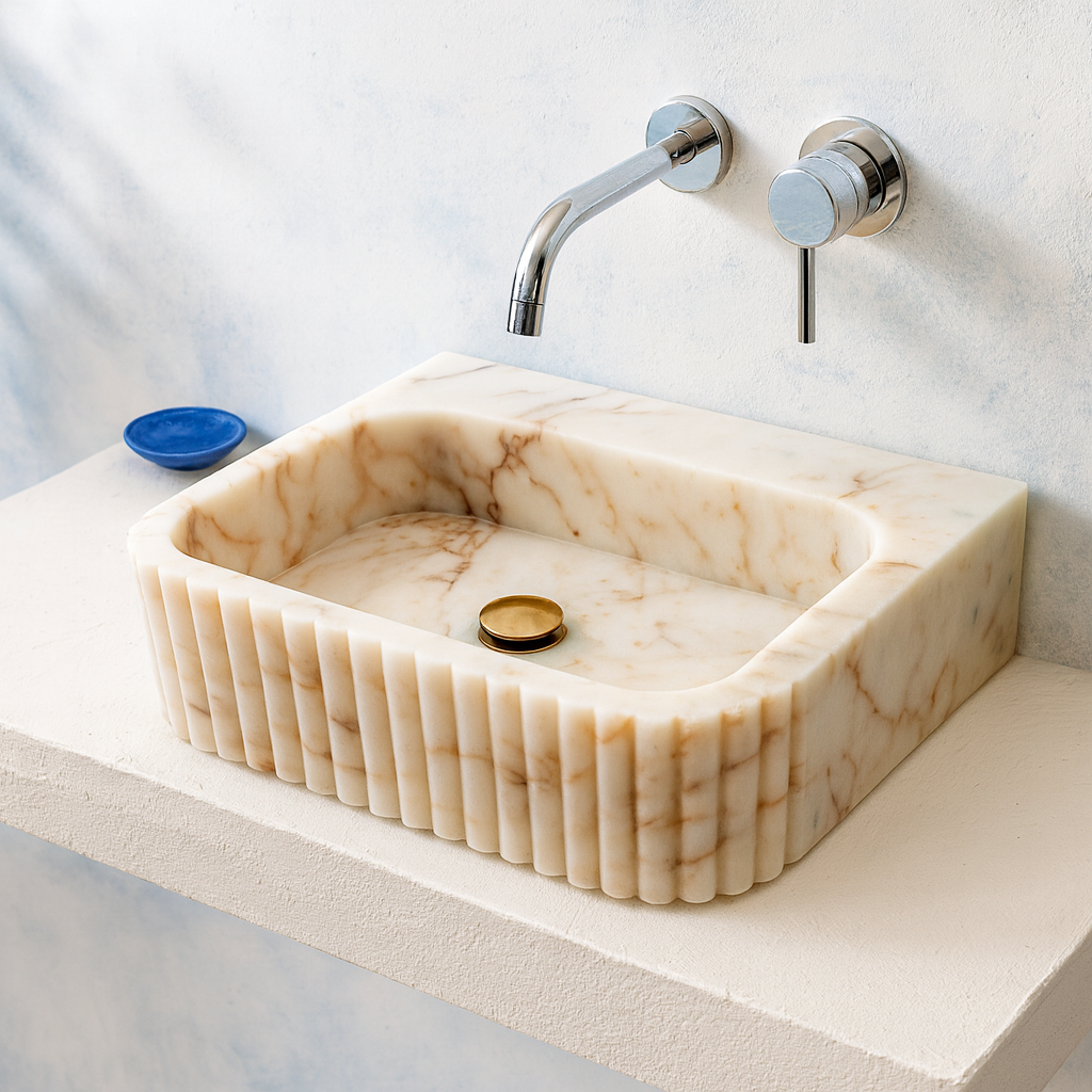 Marble Sink – Calacatta Stone Vessel Sink for Bathroom | Fluted Luxury Rectangular Basin 16"x20"x5.5"