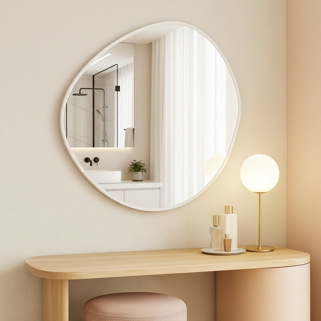 Irregular Round Bathroom Mirror – Modern Organic Wall Mirror with Black Frame