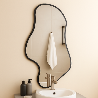 Wavy Irregular Wall Mirror – Modern Asymmetrical Bathroom Mirror with Black Frame