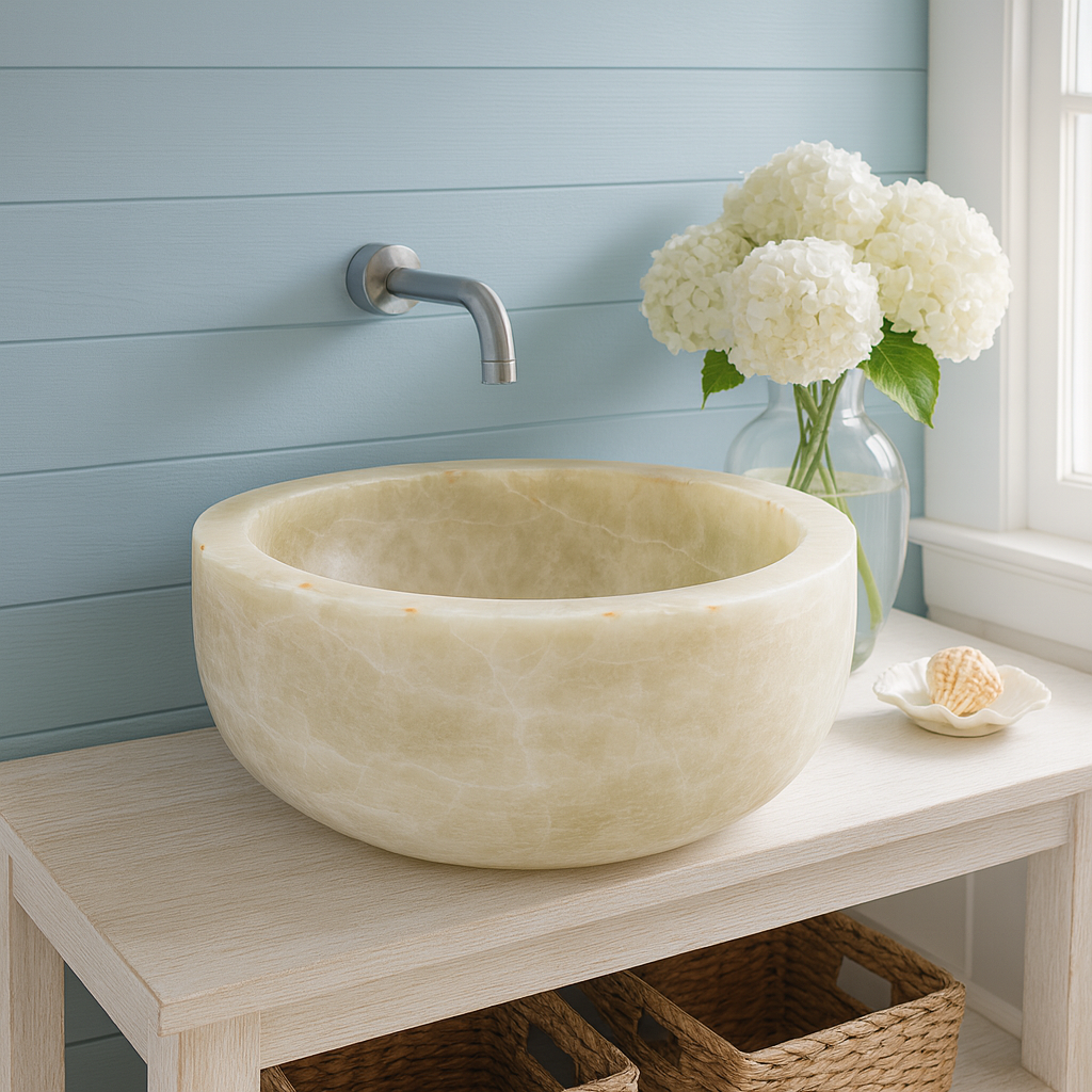 Marble Sink Green Onyx Stone Vessel – Handcrafted Round Bathroom Basin (40×40×15 cm)