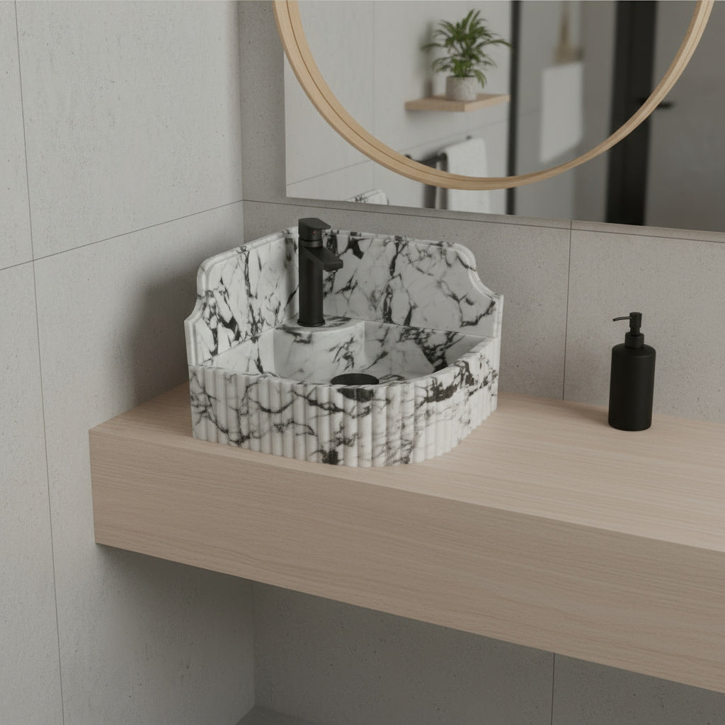Marble Sink – Calacatta Viola Corner Wall-Mount Bathroom Sink with Fluted Design & 8" Backsplash | Luxury Natural Stone Basin 16"x16"x8"