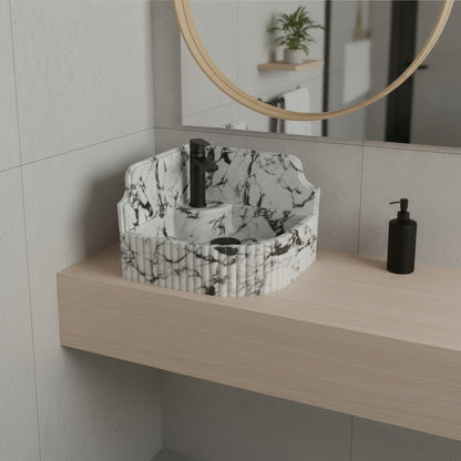 Marble Sink – Calacatta Viola Corner Wall-Mount Bathroom Sink with Fluted Design & 8" Backsplash | Luxury Natural Stone Basin 16"x16"x8"