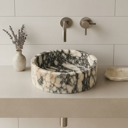 Marble Sink – Calacatta Viola Stone Vessel Sink for Bathroom | Luxury Round Basin 16"x16"x5.5"