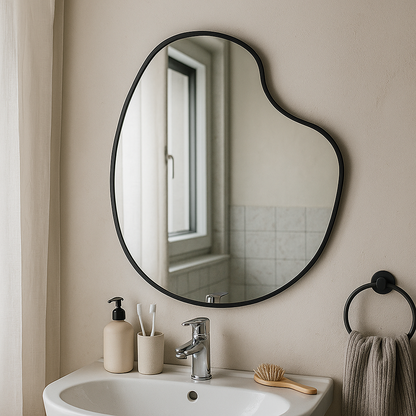 Irregular Bathroom Mirror – Modern Asymmetrical Wall Mirror with Black Frame, Minimalist Vanity Mirror