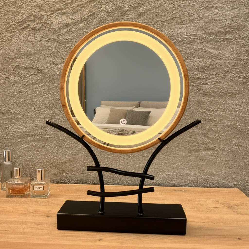 LED Makeup Mirror with Wooden Frame – Dimmable Touch Lighted Vanity Mirror & Jewelry Holder