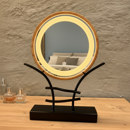 LED Makeup Mirror with Wooden Frame – Dimmable Touch Lighted Vanity Mirror & Jewelry Holder