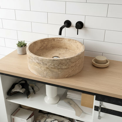 Marble Sink – Natural Stone Vessel Sink Travertine Noce Round 17"x17"x6" (43x43x15 cm) Hand-Carved Bowl