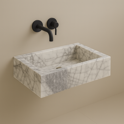 Luxury Marble Bathroom Sink – New York Marble Wall-Mount Vanity with Fluted Front (12” x 20” x 5”)