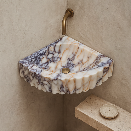 Marble Sink – Calacatta Viola Corner Wall-Mount Ribbed Vanity Sink | Luxury Natural Stone Basin 20"x20"x7"