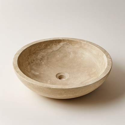 Marble Sink – Light Travertine Stone Vessel Sink for Bathroom | Round Natural Basin 16"x16"x4"