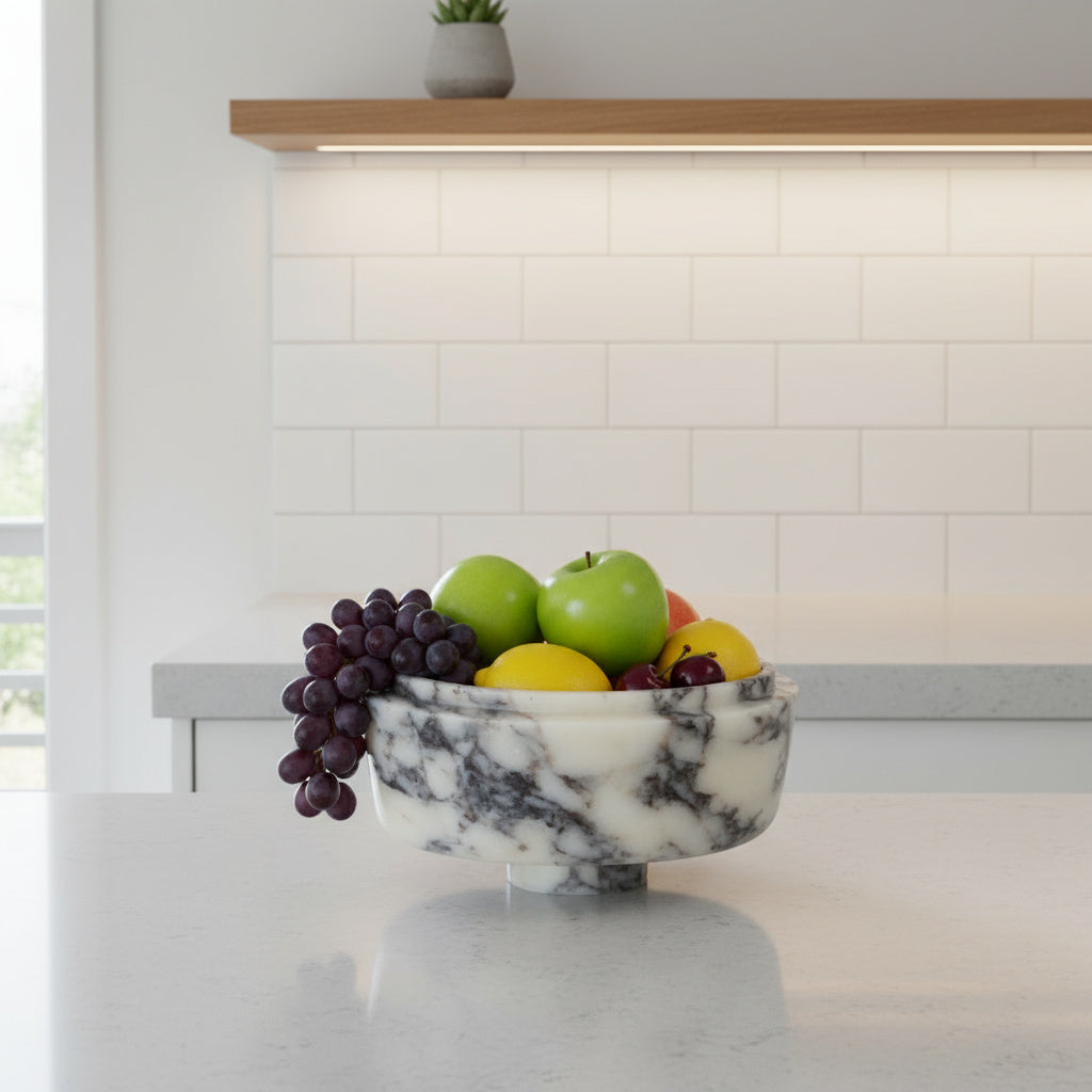 Marble Tray – Luxury Calacatta Viola Stone Pedestal Bowl 6"x10"x4.7" (15x25x12 cm) Hand-Carved Natural Marble Decor