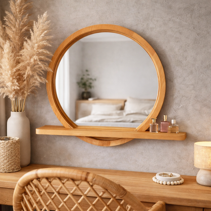 Solid Beech Wood Round Mirror with Shelf – Scandinavian Entryway Bathroom Mirror