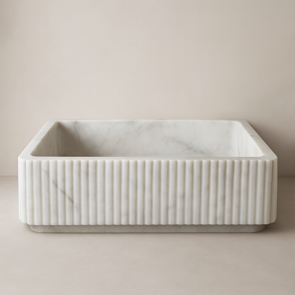 Marble Sink – Carrara White Wall-Mount Bathroom Sink Ribbed Textured | Luxury Natural Stone Vanity Basin 16"x24"x6"