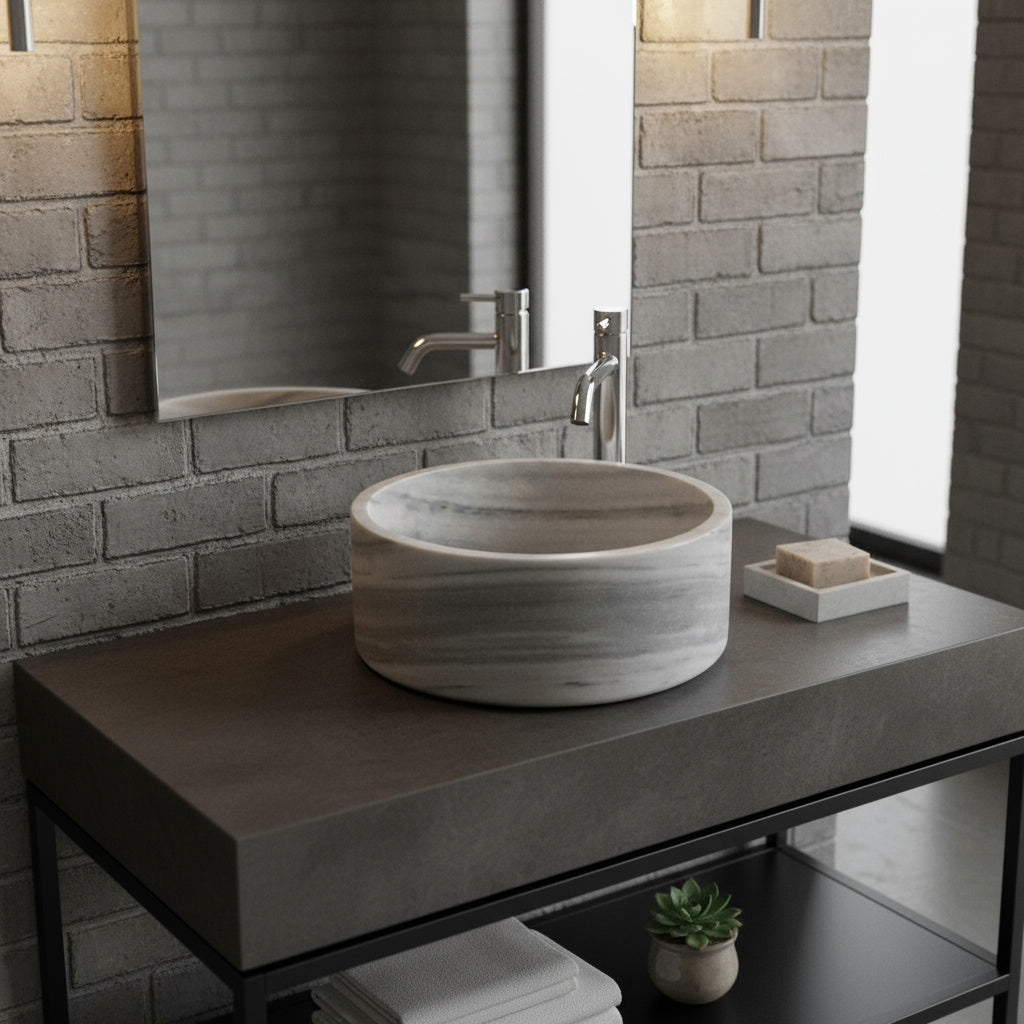 Marble Sink – Grey Stone Vessel Sink for Bathroom | Round Natural Marble Basin 16.5"x16.5"x6"