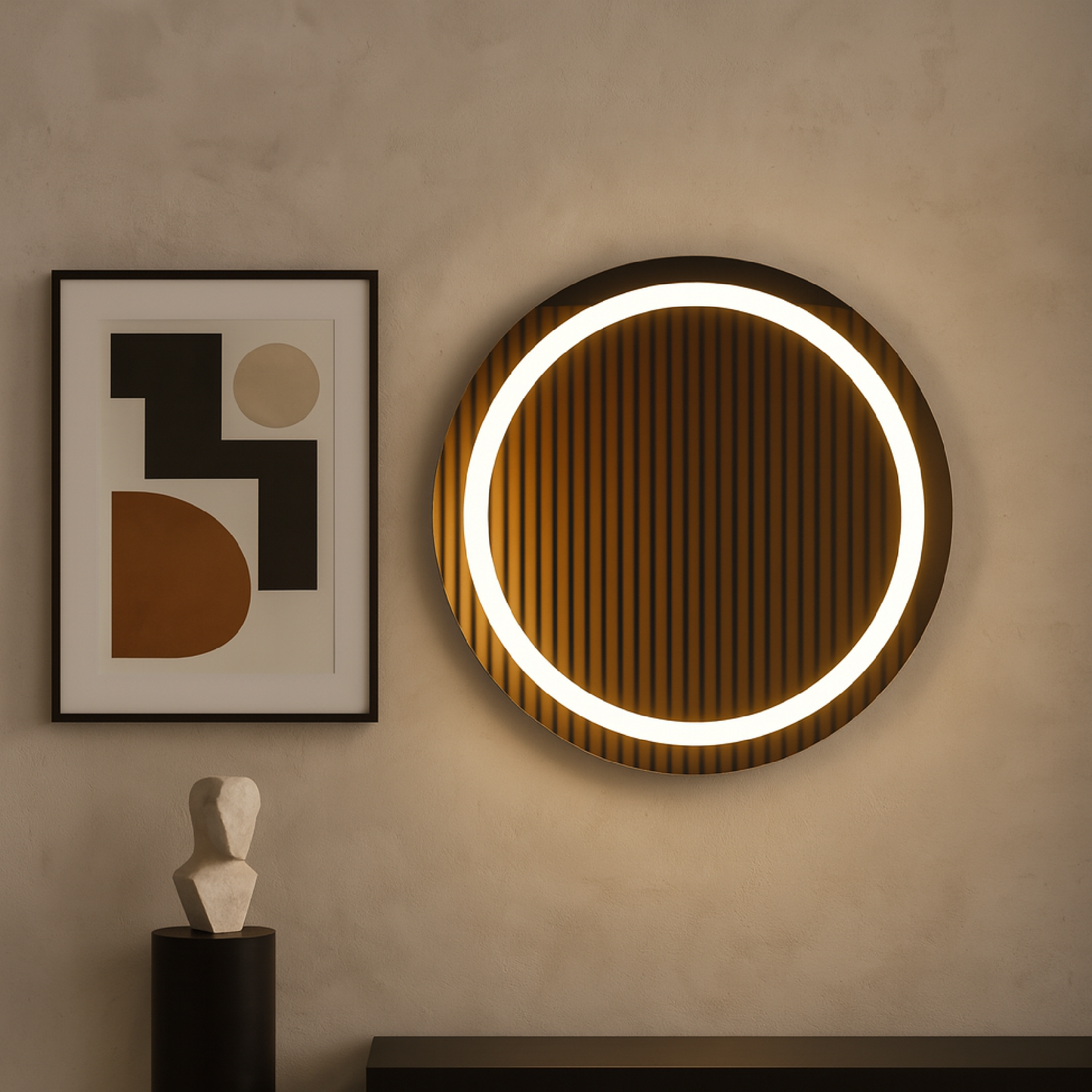 LED Bathroom Mirror – Round Lighted Vanity Mirror with Marble Frame, Modern Backlit Wall Mirror