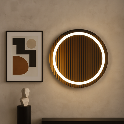 LED Bathroom Mirror – Round Lighted Vanity Mirror with Marble Frame, Modern Backlit Wall Mirror