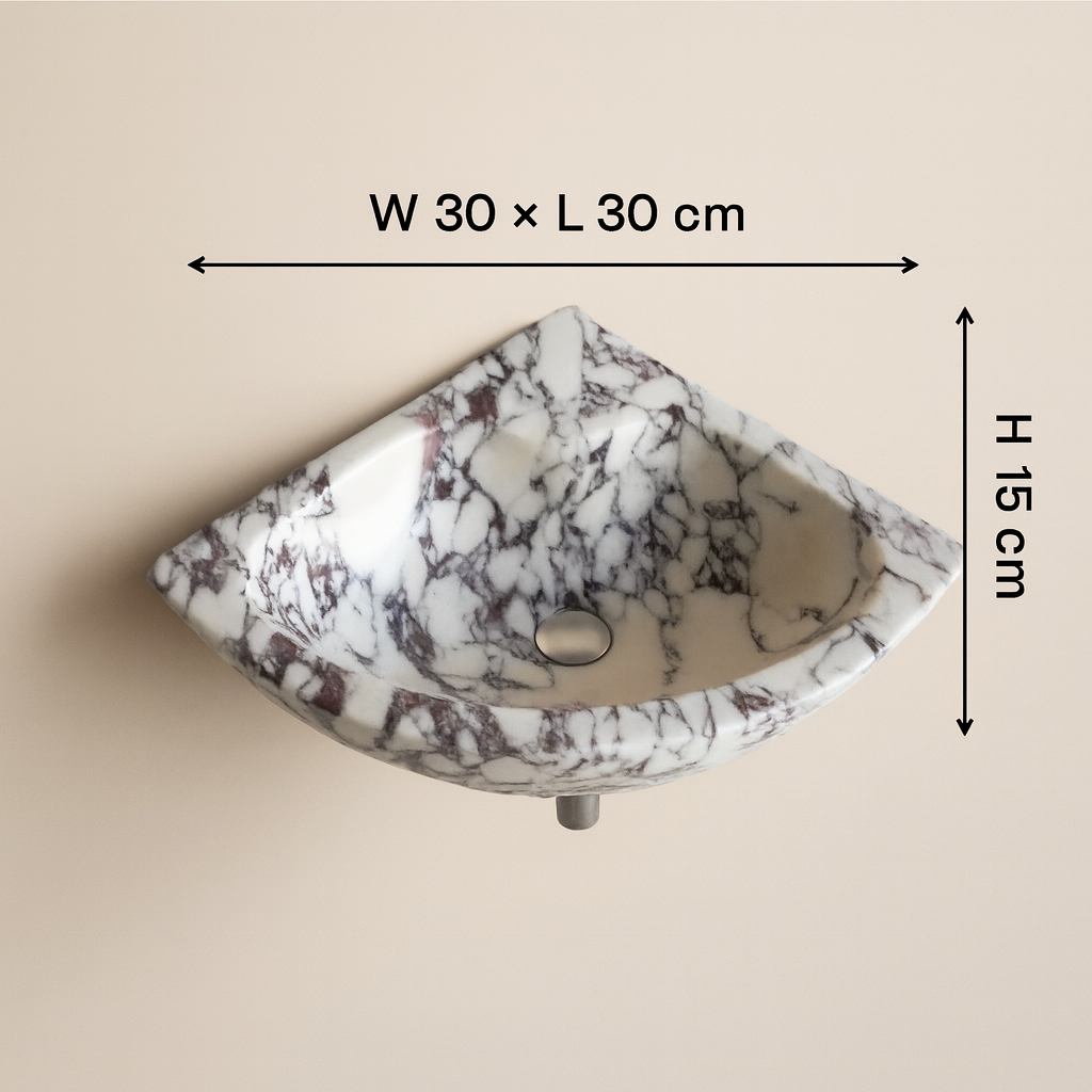 Marble Sink – Calacatta Viola Corner Wall-Mount Vanity Sink | Luxury Natural Stone Bathroom Basin 12"x12"x6"