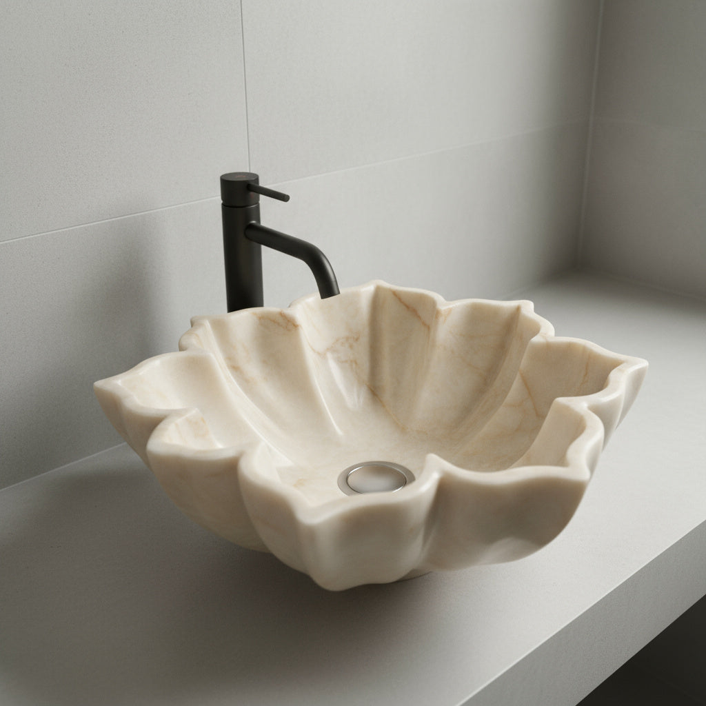 Marble Sink Stone Vessel Sink – Carrara Marble Leaf Bathroom Basin, Hand-Carved Natural Marble
