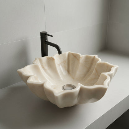 Marble Sink Stone Vessel Sink – Carrara Marble Leaf Bathroom Basin, Hand-Carved Natural Marble
