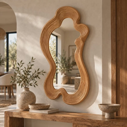Linden Wood Wavy Mirror, Organic Full-Length Statement Wall Art