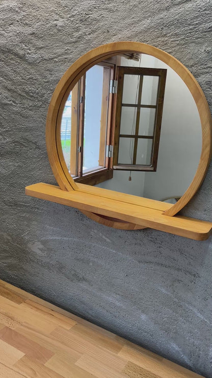 Solid Beech Wood Round Mirror with Shelf – Scandinavian Entryway Bathroom Mirror