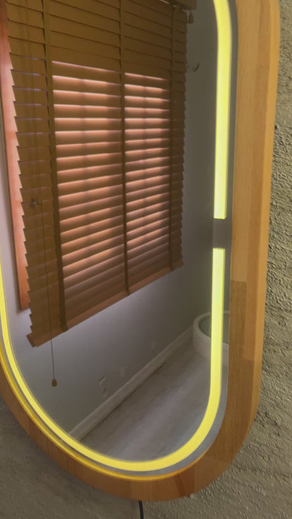 Handmade Beech Wood Framed LED Capsule Mirror Dimmable Lighted Wall Mirror