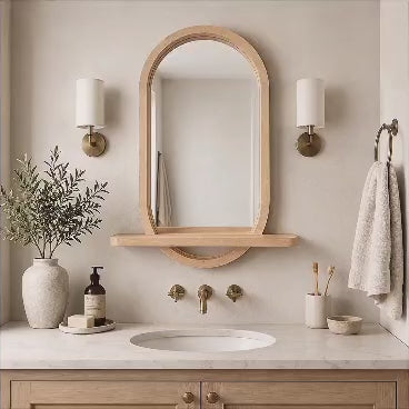 Capsule Wood Wall Mirror with Shelf, Modern Entryway and Vanity Mirror