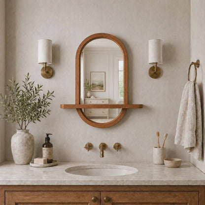 Capsule Wood Wall Mirror with Shelf, Modern Entryway and Vanity Mirror