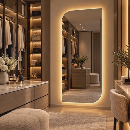 Asymmetrical LED Full Length Mirror, Frameless Backlit Wall Light, Bedroom Bathroom Mirror