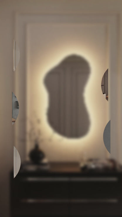 LED Bathroom Mirror Asymmetrical Shape – Modern Backlit Vanity Wall Mirror