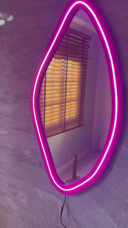 Neon LED Wavy Wall Mirror – Modern Irregular Shape MDF Frame Mirror | Decorative Accent for Bedroom & Living Room