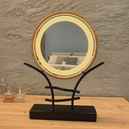 LED Makeup Mirror with Wooden Frame – Dimmable Touch Lighted Vanity Mirror & Jewelry Holder