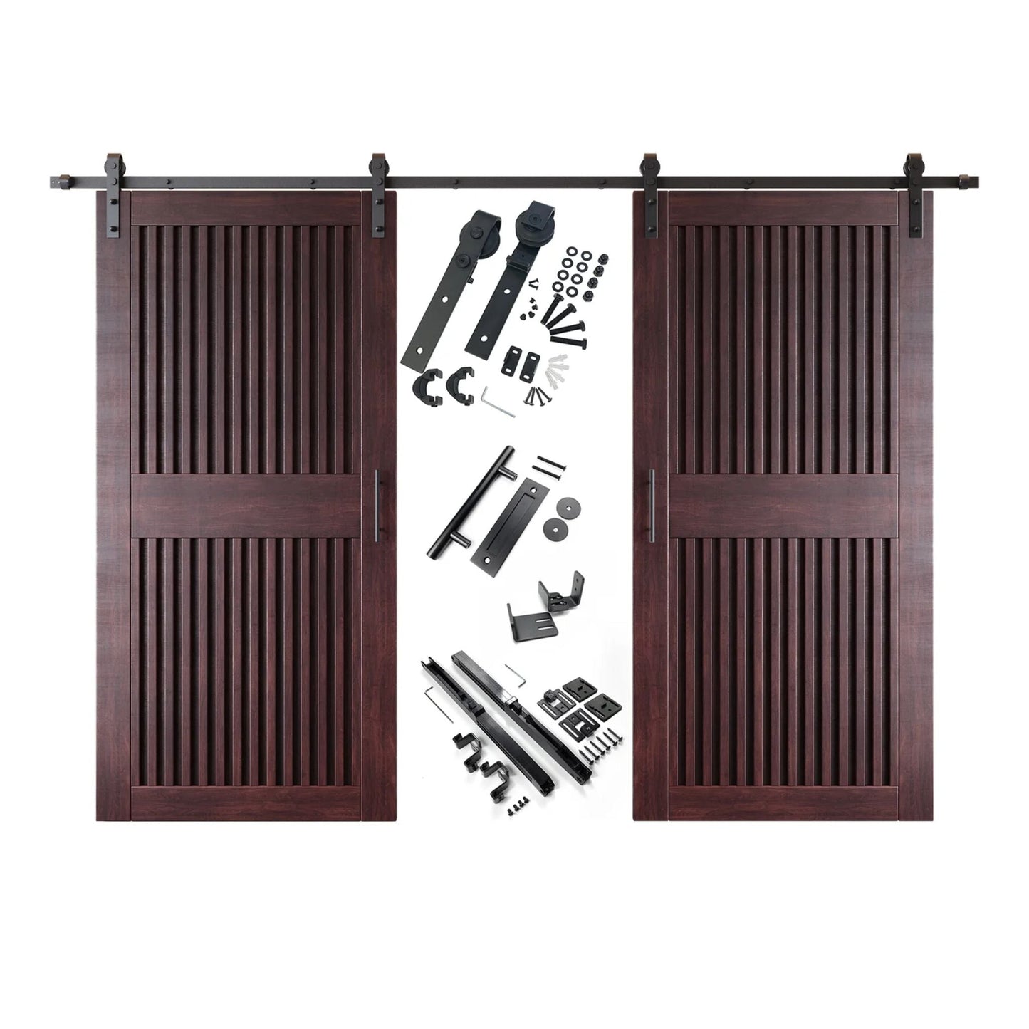 Double Barn Door Kit - Vertical Slat Design with Black Hardware & Custom Finishes