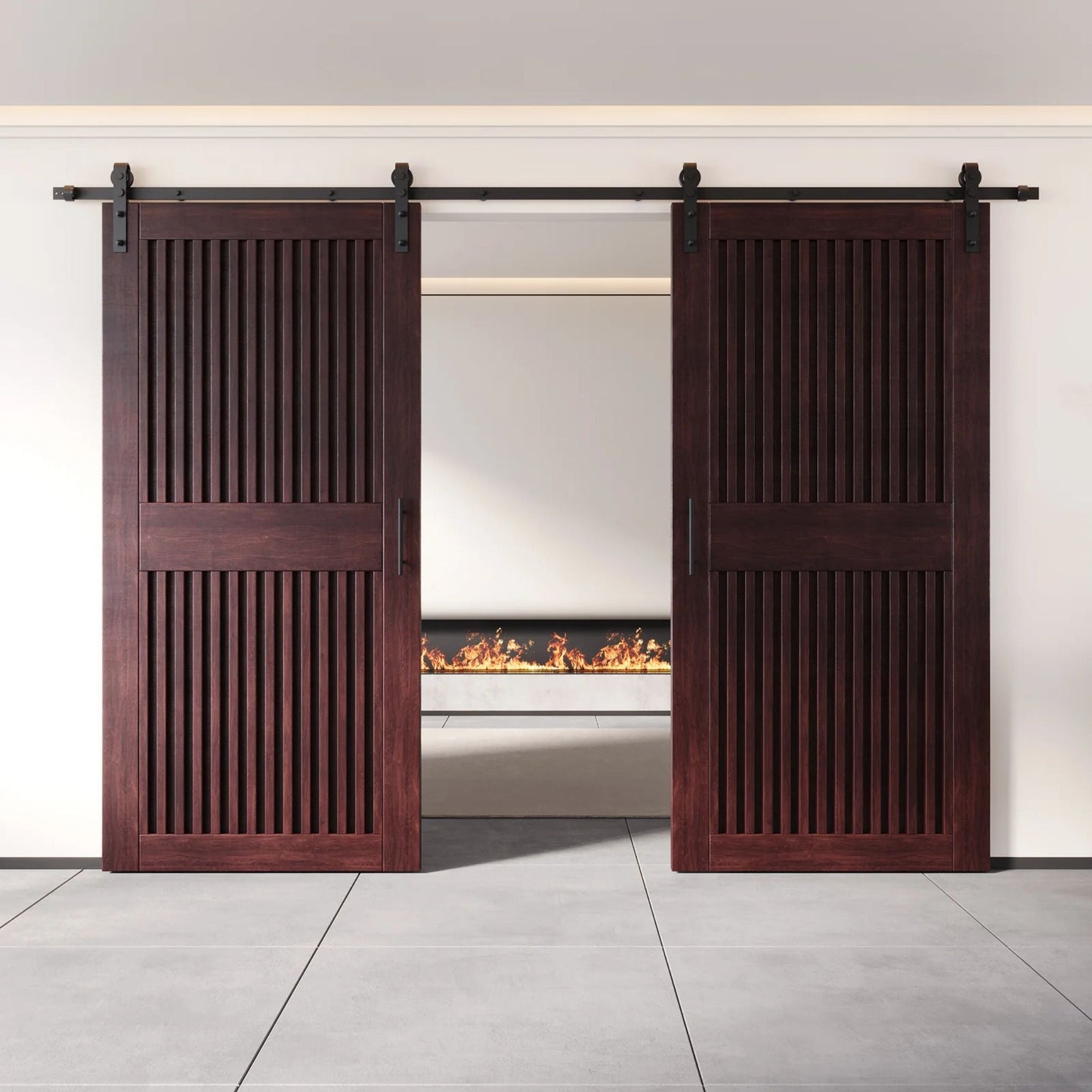 Double Barn Door Kit - Vertical Slat Design with Black Hardware & Custom Finishes