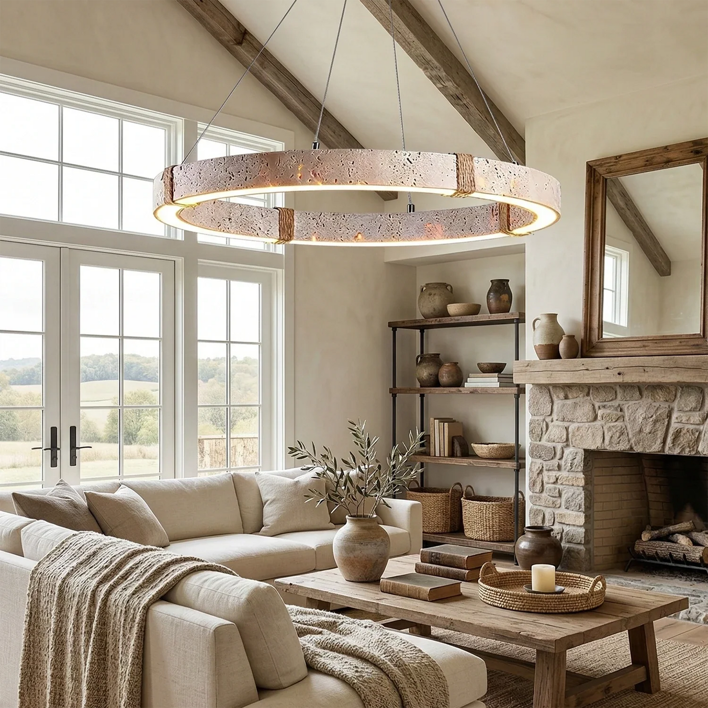 Ringor Minimalist Round Travertine Chandelier