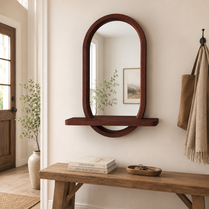 Capsule Wood Wall Mirror with Shelf, Modern Entryway and Vanity Mirror