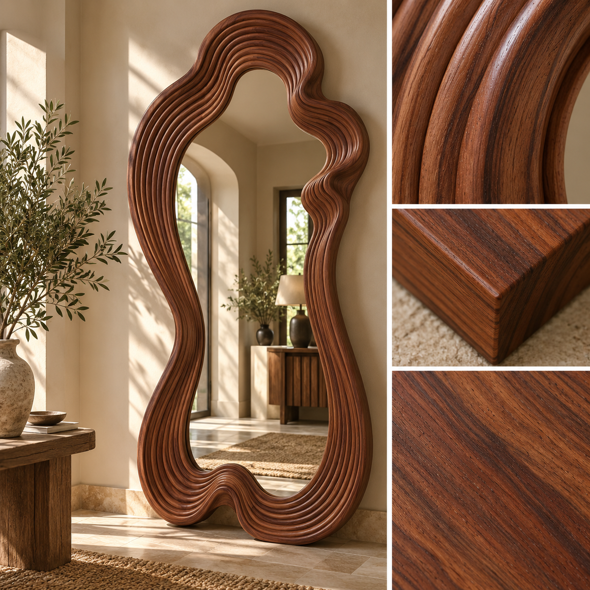 Linden Wood Wavy Mirror, Organic Full-Length Statement Wall Art