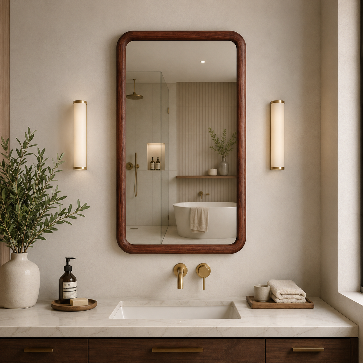 Rounded Rectangle Wall Mirror, Wood Framed Mirror, Solid Beech Wood Bathroom Vanity Mirror