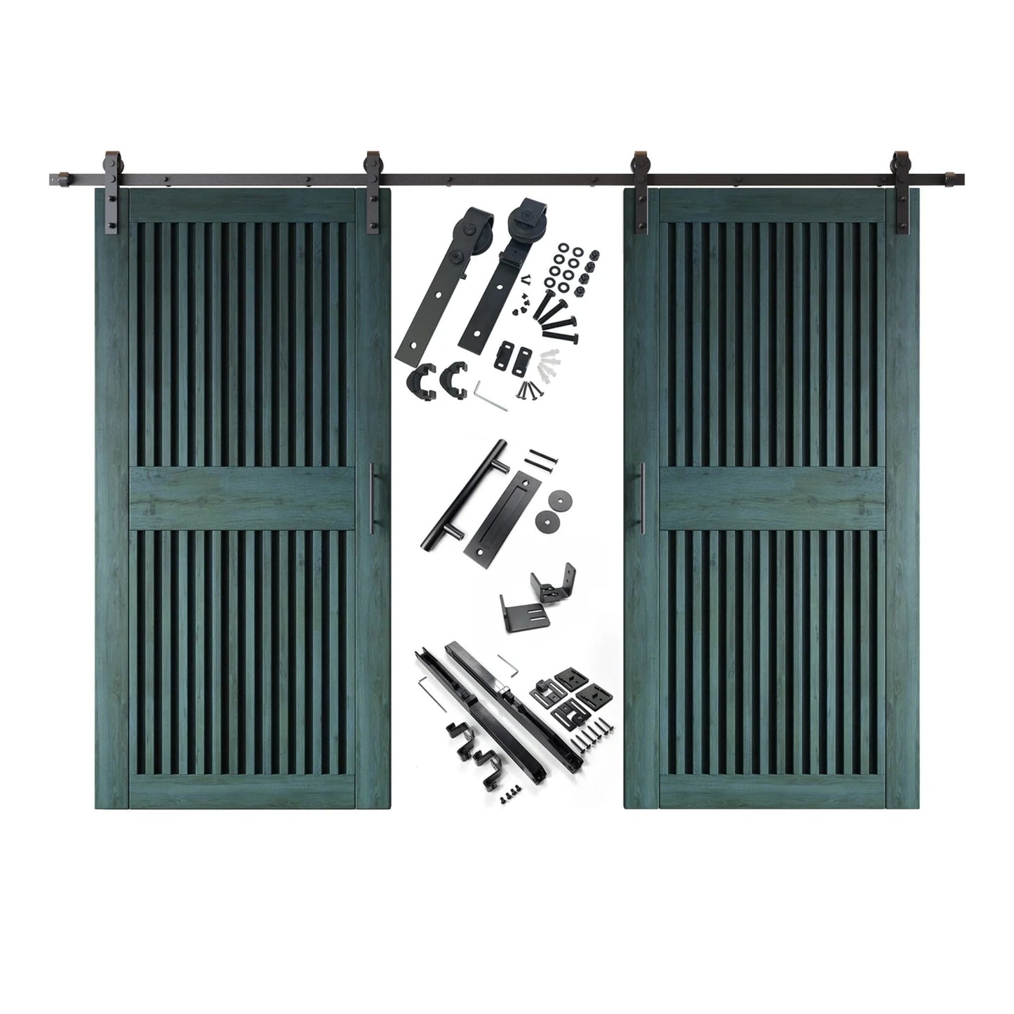 Double Barn Door Kit - Vertical Slat Design with Black Hardware & Custom Finishes