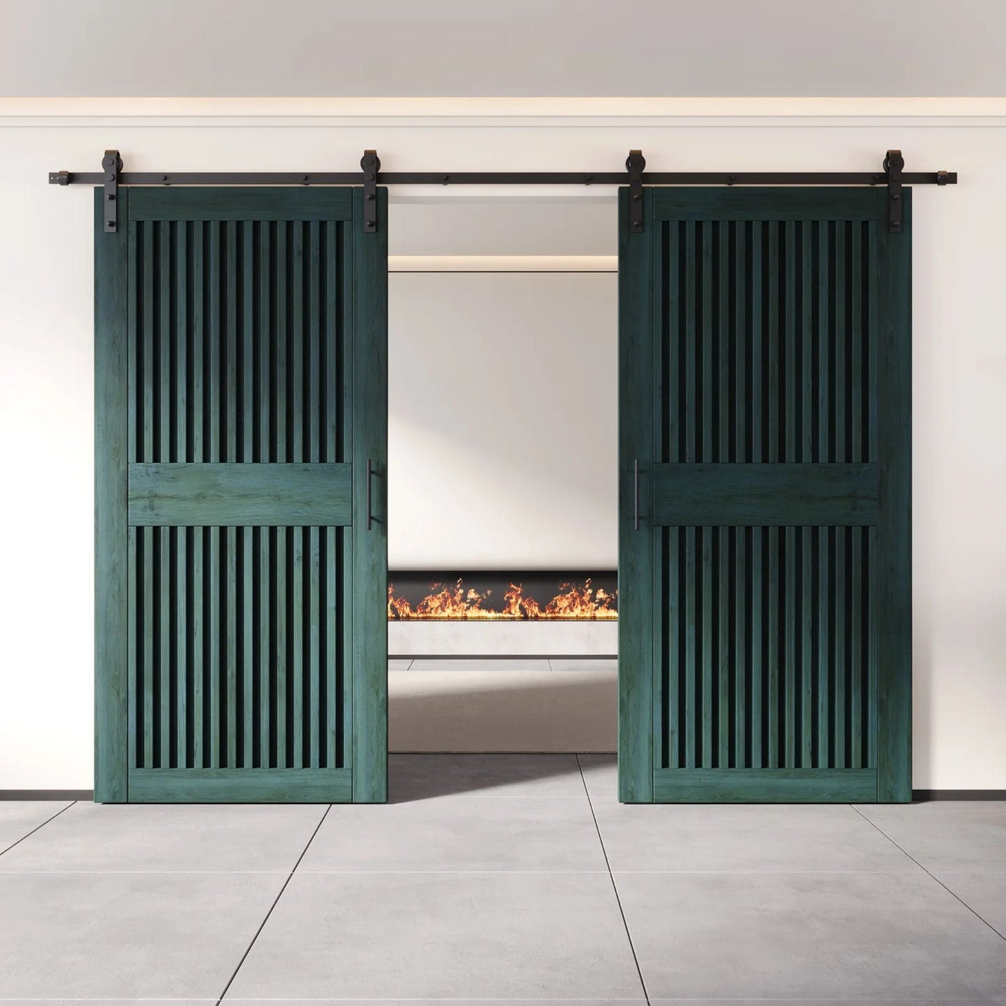 Double Barn Door Kit - Vertical Slat Design with Black Hardware & Custom Finishes