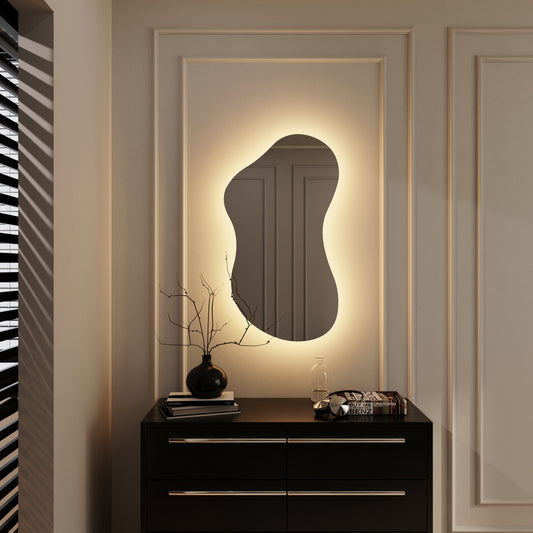 LED Bathroom Mirror Asymmetrical Shape – Modern Backlit Vanity Wall Mirror