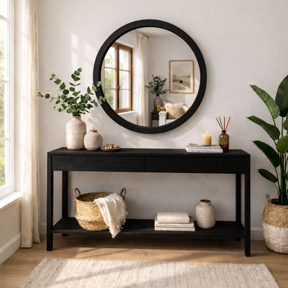 Handmade Solid Wood Framed Round Mirror – Modern Scandinavian Wall Mirror
