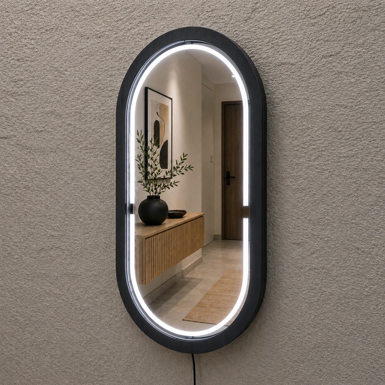 Handmade Beech Wood Framed LED Capsule Mirror Dimmable Lighted Wall Mirror