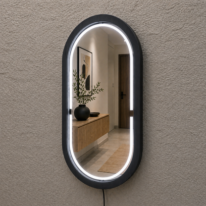 Handmade Beech Wood Framed LED Capsule Mirror Dimmable Lighted Wall Mirror