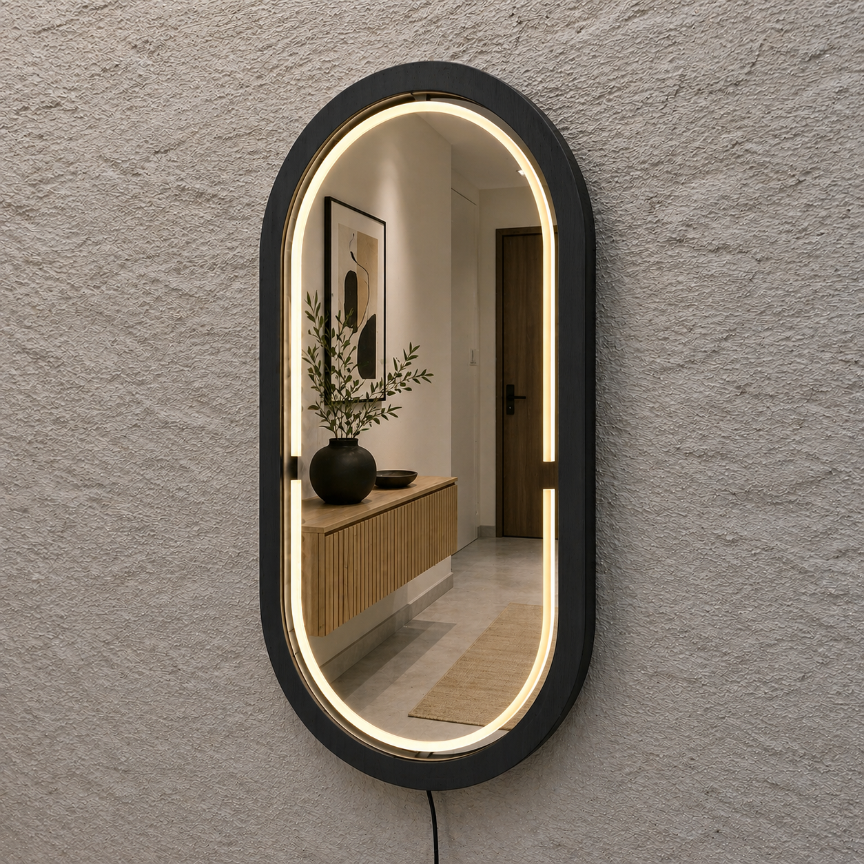Handmade Beech Wood Framed LED Capsule Mirror Dimmable Lighted Wall Mirror