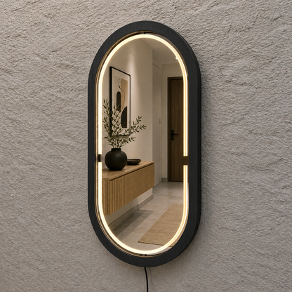 Handmade Beech Wood Framed LED Capsule Mirror Dimmable Lighted Wall Mirror