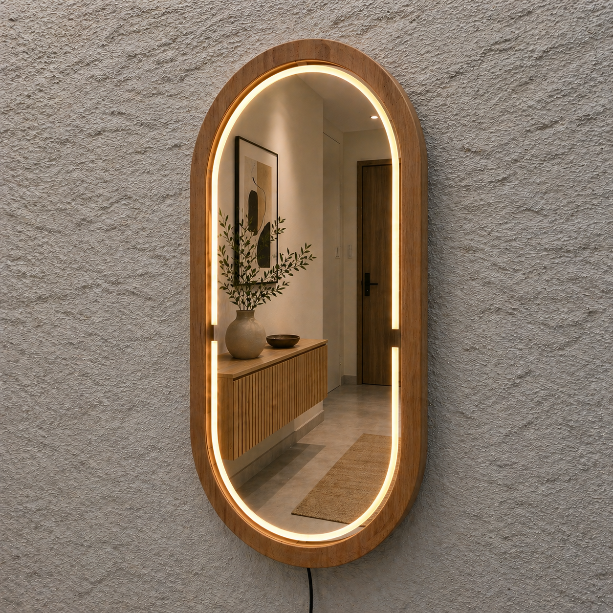Handmade Beech Wood Framed LED Capsule Mirror Dimmable Lighted Wall Mirror